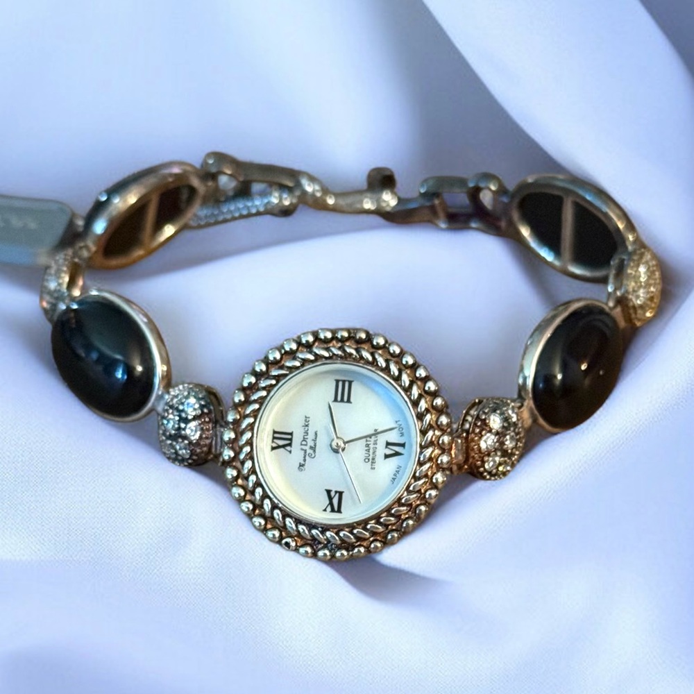 Vintage Marcel Drucker Sterling Silver black agate and crystals watch